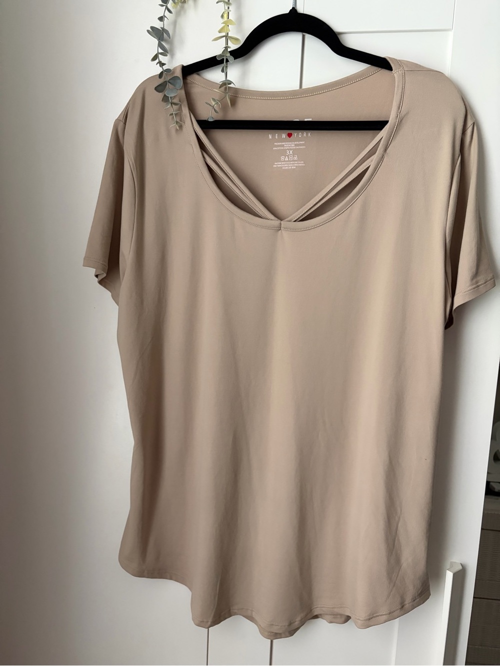 Poof! Tan Short Sleeve V-Neck Tee with Double Strap Detail